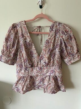 NWOT J. Crew Cotton Floral V-Neck Puff Sleeve Peplum Top